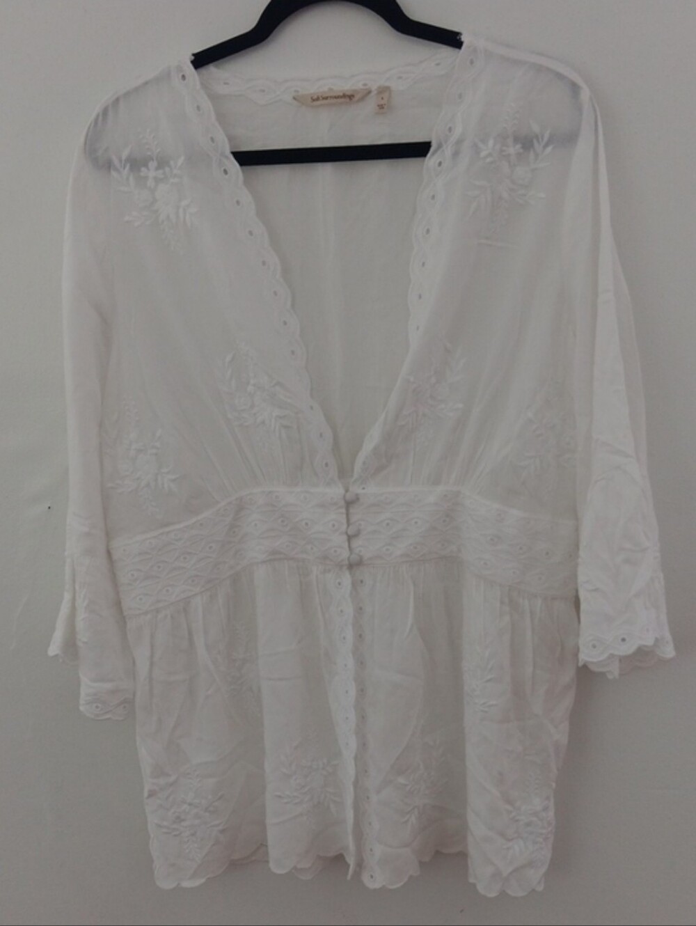 Soft Surroundins White Embroidered Cotton Tunic V Neck Shacket #3876 - Picture 6 of 7